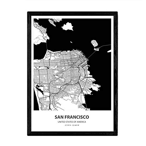 Nacnic Poster con mapa de San Francisco - USA. Láminas de ciudades de Estados Unidos con mares y ríos en color negro. Tamaño A4 con marco