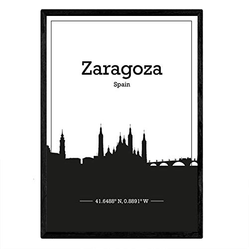 Nacnic Poster con Mapa de Zaragoza - España. Láminas con Skyline de Ciudades de Europa con Sombra Negra. Tamaño A3