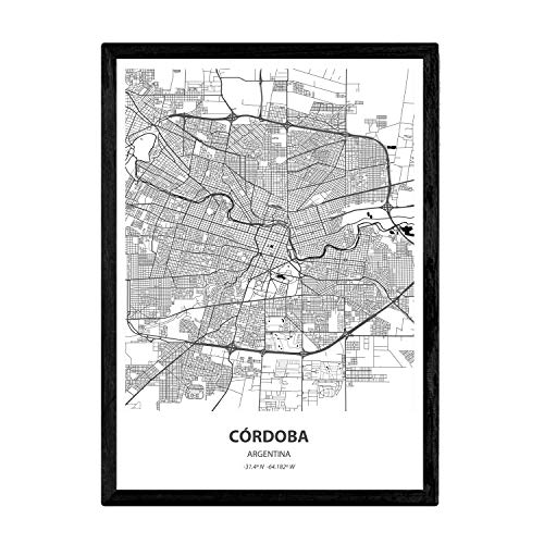 Nacnic Poster con marco con mapa de Cordoba - Argentina. Láminas de ciudades de Latinoamérica con mares y ríos en color negro. Tamaño A3 Con marco