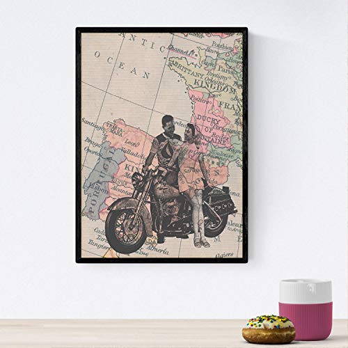 Nacnic Poster de Pareja en moto en España. Láminas de mapas del mundo. Decoración con mapas e imágenes vintage. Tamaño A4