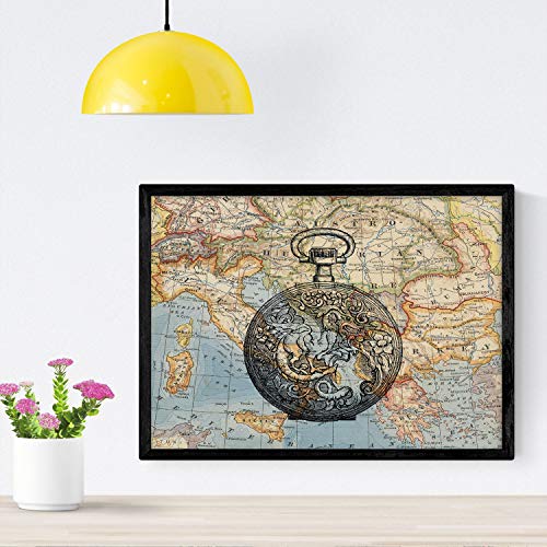 Nacnic Posters de Objetos sobre mapas. Lámina Es Hora de Viajar, con diseño de Objetos sobre mapas Vintage. Tamaño A4