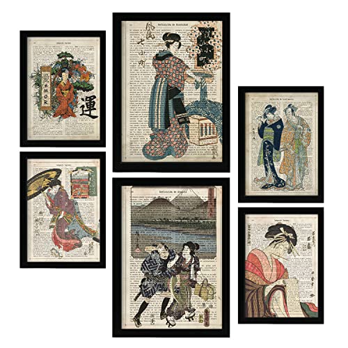 Nacnic Posters de Posters de Japón. Ilustraciones Estilo Enciclopedia Vintage con Geishas Japonesas en Ukiyo-E. Diseño Moderno para la Decoración de Interiores. A4 & A3 Marcos Negros.