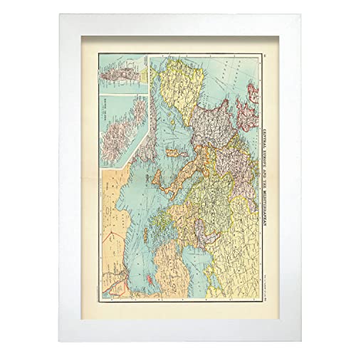 Nacnic Pósters Geográficos en Estilo Vintage. Mapa de Europa Central. Ilustraciones de Antiguos Mapamundis en Tonos Sepia. Tamaño A4, con Marco Blanco.