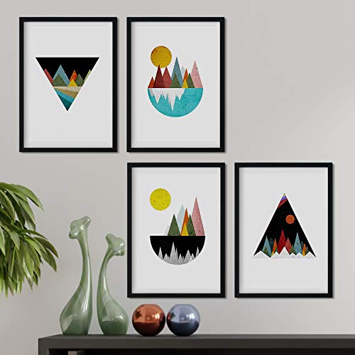Nacnic - Set 4 Láminas Abstractas con Montañas Geométricas - Paisaje con Impresión Arte Nórdico Minimalista - Posters Cuadros Decorativos - Tamaño A4