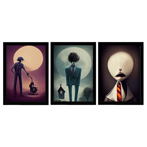 Nacnic Set de 3 Posters Reflexión al estilo de T. Burton. Ilustraciones de profesiones y oficios inspiradas en arte gótico y oscuro. Diseño y Decoración de Interiores. A3.