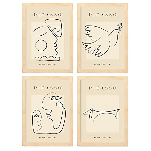 Nacnic Set de 4 Ilustraciones de Picasso. Paz. Ilustraciones de un Solo Trazo en Estilo Galería de Arte. Pinturas para la Decoración de Interiores. A4 con Marco Color Madera.