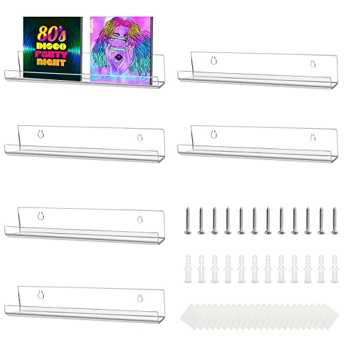 NAEBRO 6 Pcs Soportes para Discos de Vinilo Acrílico, Estante Flotantes 30,3 x 4 x 4cm, Estanterias de Pared Transparentes con Adhesivo y Tornillos Estante Exhibición para Mostrar LP, Recogida CDS