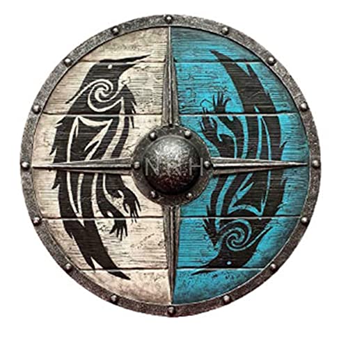 Nautical Replica Hub Guerrero medieval de madera y acero, diseño de pájaro vikingo, armadura redonda para decoración de Halloween, escudo templario