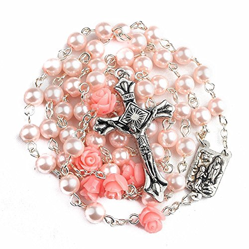 Nazareth Store Collar de Rosario de Perlas Rosadas católicas 6 Piezas Medalla de Rosa de Lourdes y Cruz NS