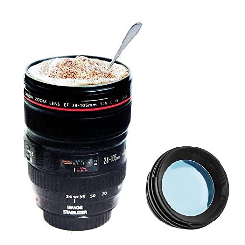 NEALMART Taza de cámara, Taza de Lente, Taza de café, 24-105, Taza de Viaje con Soporte para Galletas, Taza de Acero Inoxidable para café, té o Agua