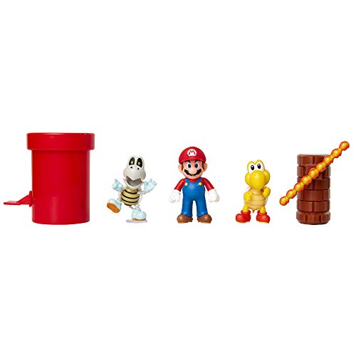 Nintendo Super Mario – Diorama Mazmorras con 3 Figuras 6 cm y 2 Accesorios Accionables – La Tubería y las Bolas de Fuego son Accionables – Juguete para Niños 3 años +