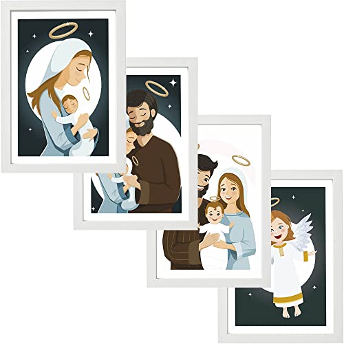NITRAM Láminas del Niño Jesús, Virgen María, San José y angel de la guarda para decorar habitacion infantil o bebe (pack de 4). Sagrada familia para el dormitorio