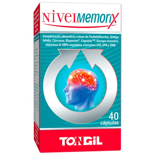 Nivelmemorix | Nootropico Para la Memoria y Concentración | Con Ginkgo Biloba, Fosfatidilserina, Bacopa Monnieri, Cúrcuma, Salvia, Coenzima Q10 y Vitaminas Grupo B | 40 Cápsulas Vegetales de Tongil