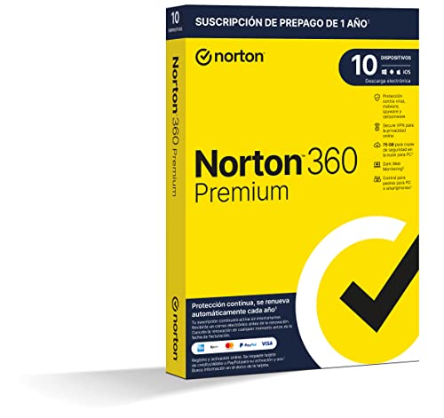 Norton 360 Premium 2024 - Antivirus software para 10 Dispositivos y 1 año de suscripción con renovación automática, Secure VPN y Gestor de contraseñas, para PC, Mac tableta y smartphone
