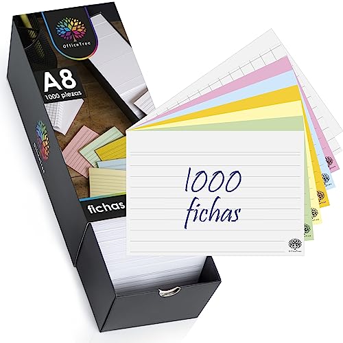 OfficeTree 1000 x Fichas A8 - Flashcards con Caja - Fichas Cartulina Rayas, Cuadriculadas, en Blanco y Multicolores - Tarjetas para Estudiar - Fichas para Vocabulario, Apuntes y Fórmulas