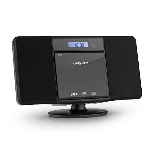 oneConcept V-13 - Equipo de música, Minicadenas de música con Reproductor de CD, Equipo de música para casa con MP3, FM, USB, AUX, Pantalla LCD, Despertador, Autoapagado, para Pared, Bluetooth, Negro