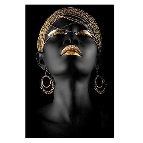 OUER Cuadros de pared Mujer de oro negro Cartel de arte de pared Pintura de lienzo Pintura Mujer africana Decoración Baño Sala de estar Decoración del hogar,40*50cm