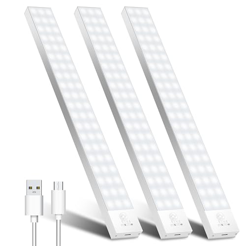 OUILA Luz LED Armario con Sensor Movimiento 5000K 60 LEDs 4 Modos Luz LED Adhesiva Magnética 1500mAh USB Recargable Luz Nocturna para Cocina, Armario, Escaleras, Pasillo, Garaje-3 Packs