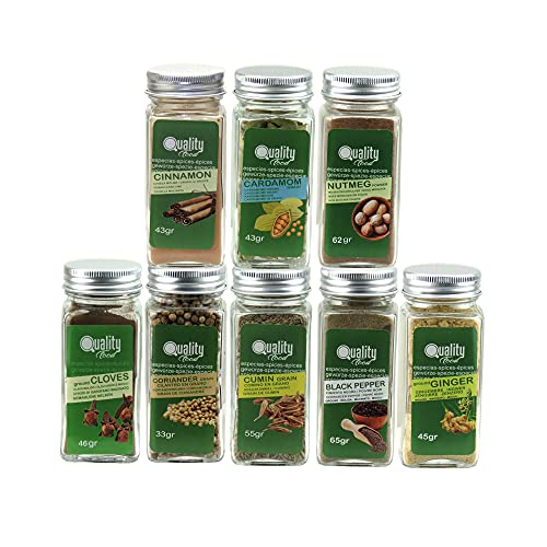 Pack de especias Árabes. Ideal para regalo y uso diario. 8 Tarros de cristal, reutilizables. Cardamomo, cilantro y comino en grano, clavo, pimienta negra, canela, jengibre y nuez moscada.