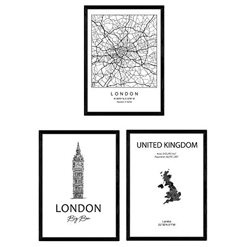 Pack de Posters de Paises y monumentos. Mapa Ciudad Londres United Kingdom y monumentos A. Tamaño A4