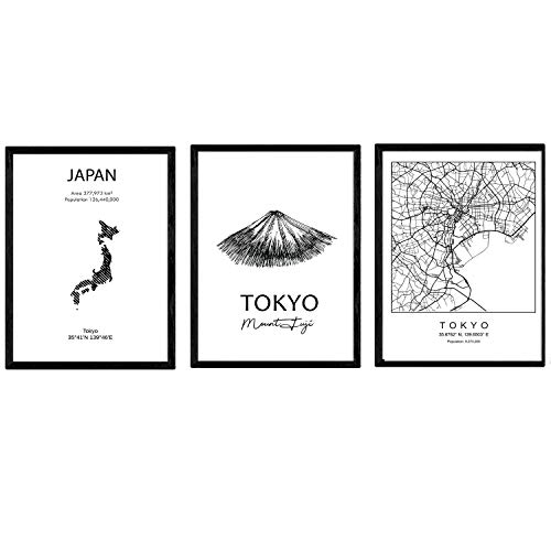 Pack de posters de paises y monumentos. Mapa cuidad Tokio, monumento monte Fuji y mapa Japon. Tamaño A3