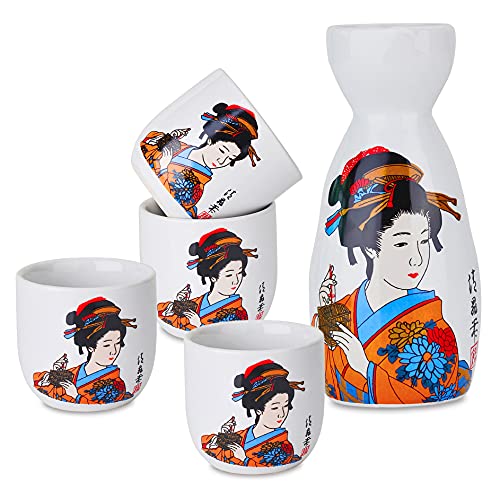 Panbado Juego de Sake de 5 Piezas de Gres, Conjunto Tradicional Japonés con 1 Botella de Sake y 4 Sake Cups de Cerámica, Estilo Japonés, Mejor Regalo de Cumpleaños, Navidad, San Valentín - Dama