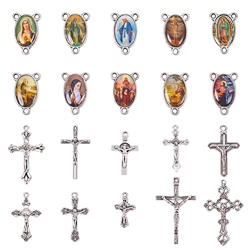 PandaHall Elite 10pcs Crucifijo de Plata Antiguo Colgantes de la Cruz tibetana Colgantes y 10pcs Crucifijo de la araña de la Virgen católica Enlaces ovales para Rosario Cuentas de Collar Sagrado