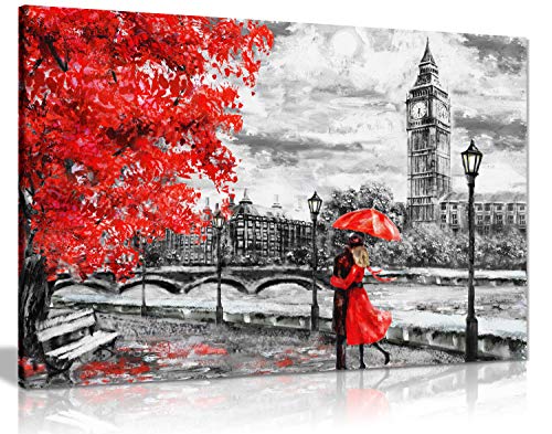 Panther Print Reproducción de Pintura al óleo de Londres Big Ben Red Umbrealla en Lienzo para Pared (45,7 x 30,5 cm)