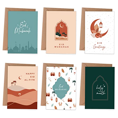 Papierdrachen 6 tarjetas plegadas para el Ramadán | 6 tarjetas de felicitación plegadas con sobre incluido para el Eid - Saludos a la familia - Diseño elegante para el Ramadán - Motivo Boho - Set 3