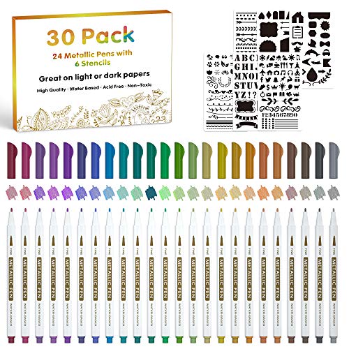 Paquete de 30 rotuladores metálicos, Lineon, 24 colores, rotuladores de pintura de punta fina con 6 plantillas para manualidades, álbumes de fotos, arte rupestre, pintura