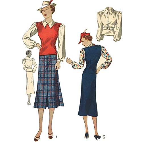 Patrón de costura de la década de 1930: separados para mujer, chaleco, falda y blusa, busto 76,2 cm