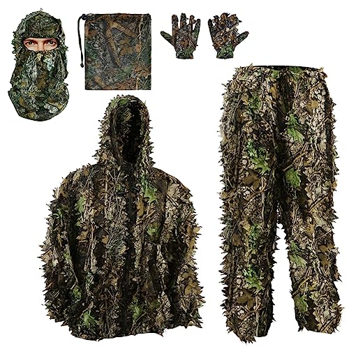 PELLOR Mono de Camuflaje Ghillie 3D, Traje de Camuflaje Jungle Ghillie Traje de Camuflaje Boscoso Ropa con Gorras y Camuflaje Guantes para Caza Camping Halloween Oculto