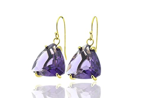 Pendientes Colgantes de Oro Vermeil con Amatista en Corte Trillón Grande - Diseño Inspirado en la Época - Elegantes Joyas para Mujer con la Piedra de Nacimiento de Febrero