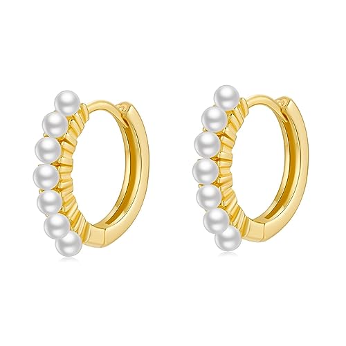 Pendientes de Plata de Primera Ley (S925) Diseño Original de 7 Perlas Blancas Unidas, que Decoran la Parte Frontal de los Aros. Pendientes acabados en Plata o Baño Oro 18K. Joyería para mujer.