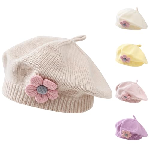 Pequeñas niñas Sombrero de Boina de Invierno cálido Beanie Cap Toddler Estilo francés Gorro de Punto del bebé Lindo Boinas de Flores (Beige)