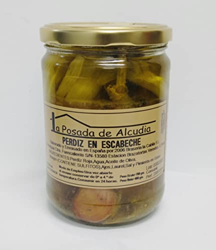 Perdiz en escabeche. Elaborado con Aceite de Oliva Virgen Extra. Producto Gourmet Gastronomía Española. Perdiz escabechada en bote de 780grs (445 grs neto). Productos Gourmet.