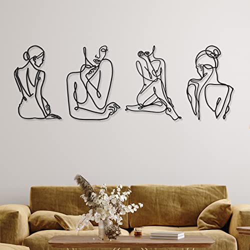 Photect 4 Decoraciones de Arte de Pared de Metal Negras Dibujo de Arte de Una Sola Línea Esculturas de Pared Modernas de Mujer Femenina Abstracta Minimalista Acentos de Decoración Colgante