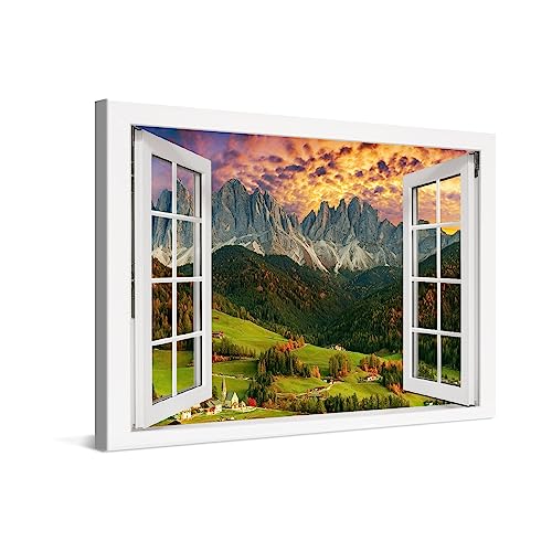 PICANOVA – Cuadro sobre Lienzo 60x40cm Montaña Valle Atardecer Ventana – Imagen Impresión Montado sobre Marco De Madera – Cuadro Decoración Moderno Para Salón o Dormitorio