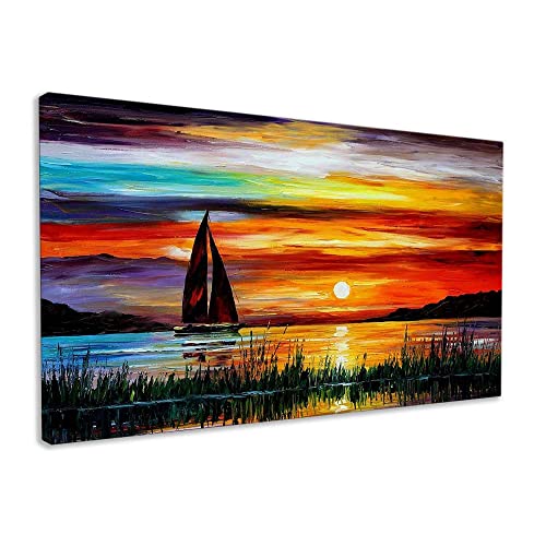 Pintura colorida inspirada en la réplica impresa en lienzo de vela en el lago arte de pared enmarcado listo para colgar (40 x 24 pulgadas)