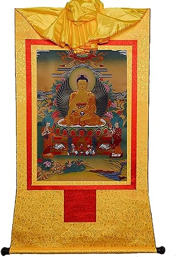 Pintura de desplazamiento de seda, Thangka tibetano, Tapiz de Thangka tibetano Sakyamuni de época, Pintura de bordado de brocado de Thangka budista hecho a mano - Decoración de yoga ( Color : Gold , S