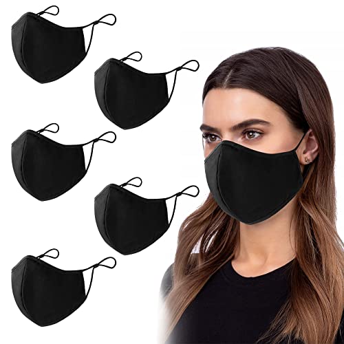 PIPRE Mascarillas Reutilizables de Tela, Pack de 5 Mascarillas de Tela Ajustables con 3 Capas, Lavables Hasta 50 Ciclos, Mascarilla Negra Reutilizable, Talla única