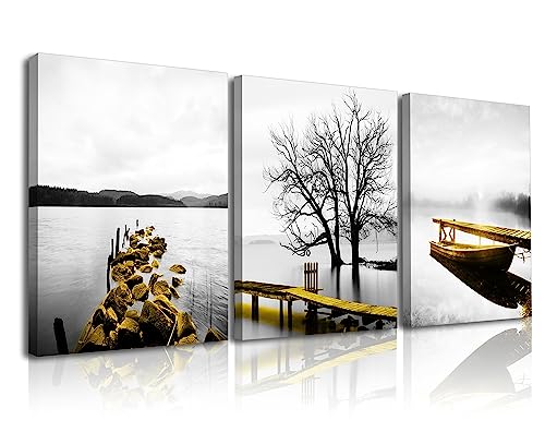 Piy Painting 3x Cuadro Sobre Lienzo Imagen Hermoso Paisaje a la Orilla de Lago En Invierno Impresión Pinturas Murales Decoración Dibujo con Marco para Sala de estar Decor de Regalo 30x40cm