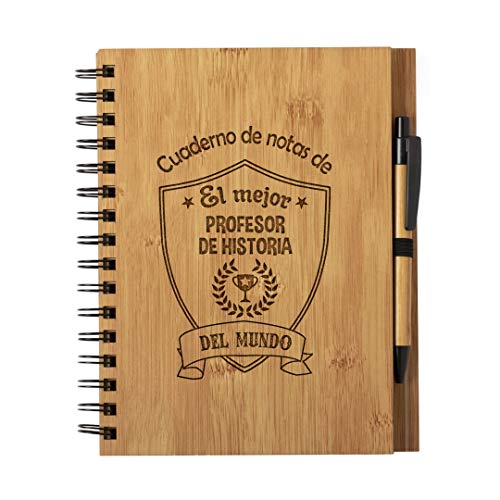 Planetacase Cuaderno de Notas El Mejor profesor de historia del Mundo - Libreta de Madera Natural Tamaño A5 con Boligrafo - Regalo para Profesores