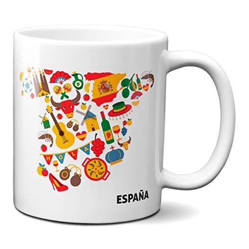 Planetacase Taza España Mapa Typical Spain - Taza Souvenir España Regalo Recuerdo Ceramica 330 mL