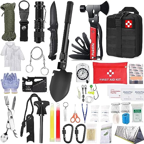 Poktlife Kit de Supervivencia,Kit Supervivencia Apagon de Emergencia,Multifuncional Equipo de Botiquín Primeros Auxilios profecional,para Viajar Caminar Acampar al Aire Montaña (1800 Gramo - Negro)