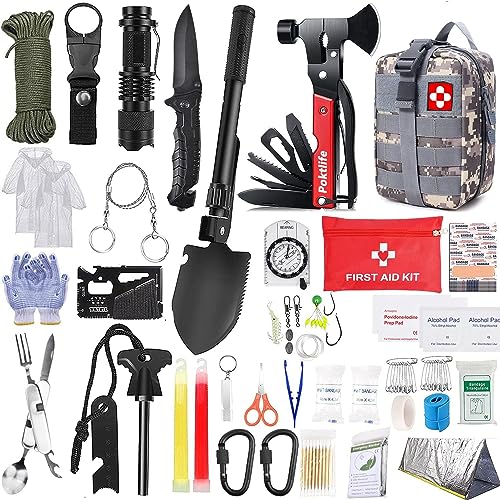 Poktlife Kit Supervivencia Apagon de Emergencia,Multifuncional Equipo de Botiquín Primeros Auxilios profecional,para Viajar Caminar Acampar al Aire Montaña (1800 Gramo - Camuflaje)