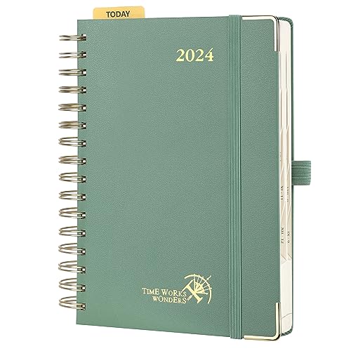 POPRUN Agenda 2024 Dia Por Pagina Spiral 21,5 x 14,9 cm, Planner Anual 2024 Día Vista A5 Con Esquinas Protectoras Metálicas - 80 gsm Papel Certificado FSC®, Verde Medianoche