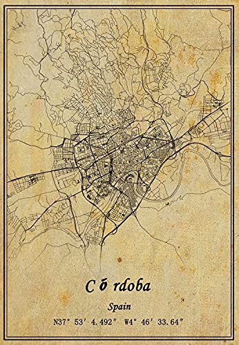 Póster de mapa de Córdoba de España con impresión en lienzo de estilo vintage, sin marco, decoración de regalo de 45 x 60 cm