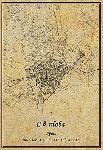 Póster de mapa de Córdoba de España con impresión en lienzo de estilo vintage sin marco para decoración de regalo 22 x 35 cm