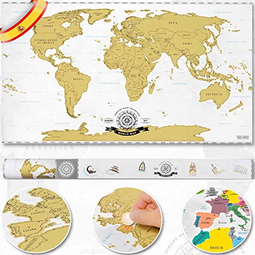 Póster del mapa-mundi de rascar con tubo de regalo 82 x 45 cm XXL - Mapa mundial extragrande personalizado y todas las banderas del país - Detalles cartográficos - incluye una herramienta para rascar